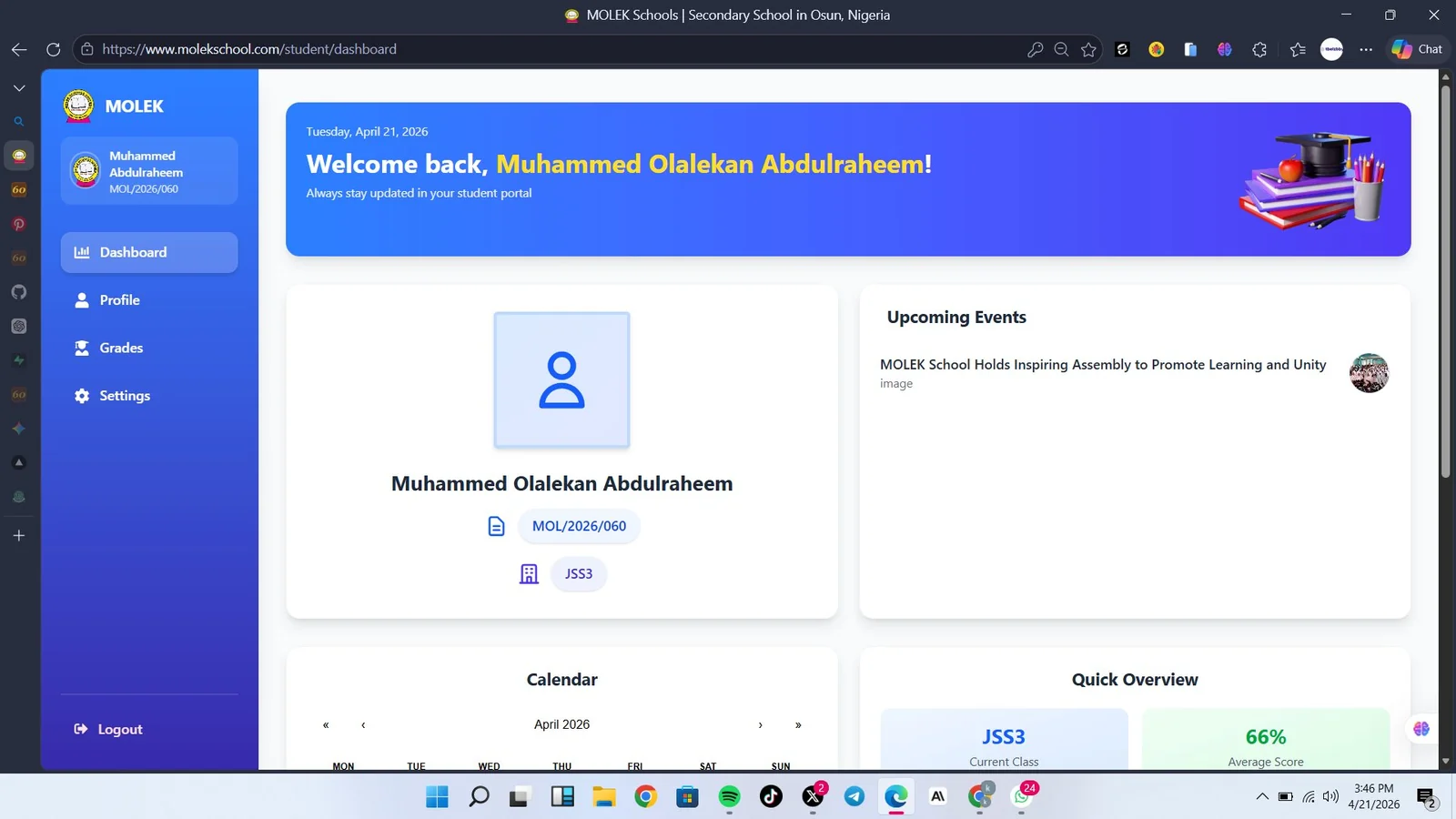 MOLEK Student Portal screenshot